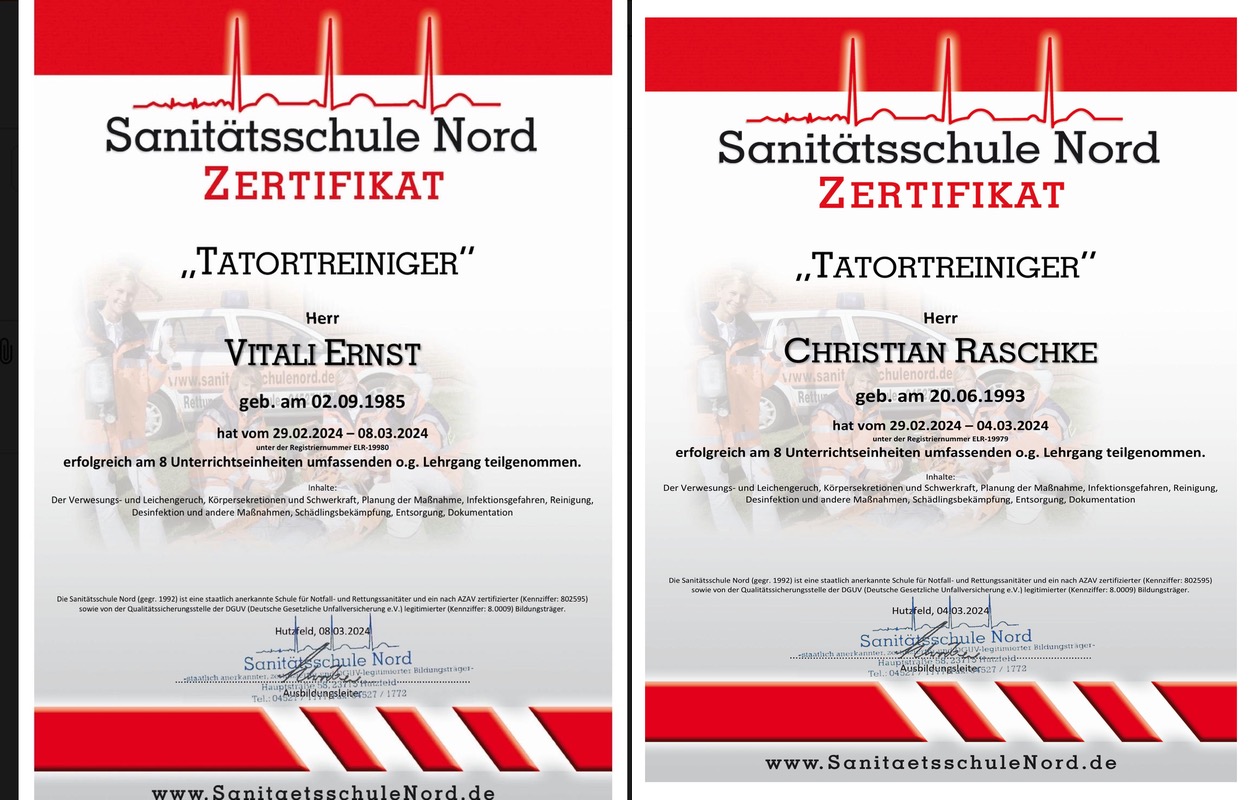 Zertifikate der Sanitätsschule Nord für geprüfte Tatortreiniger von Express Entrümpelung VC